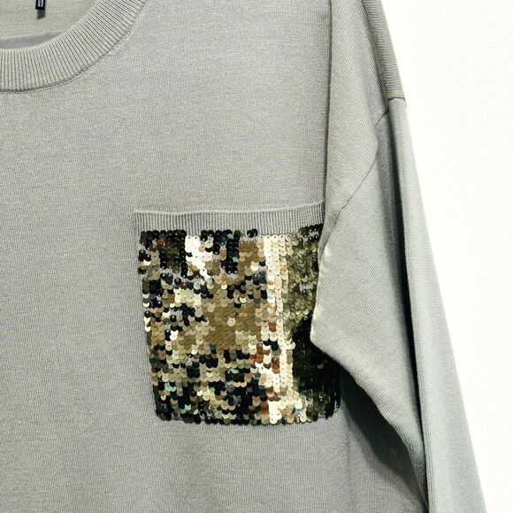 DKNY Boxy Sequin Pocket Sweater Sz Large Sage Green Crop Crewneck - Picture 4 of 8